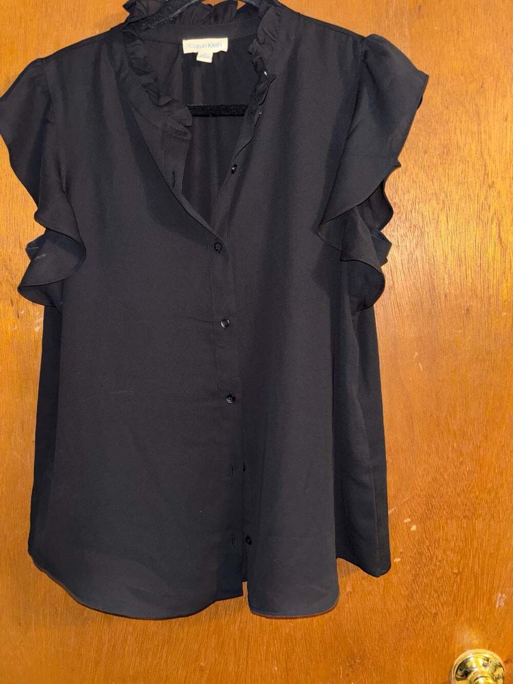 Calvin Klein Black Ruffle Flutter Sleeve Button-Front Blouse Top